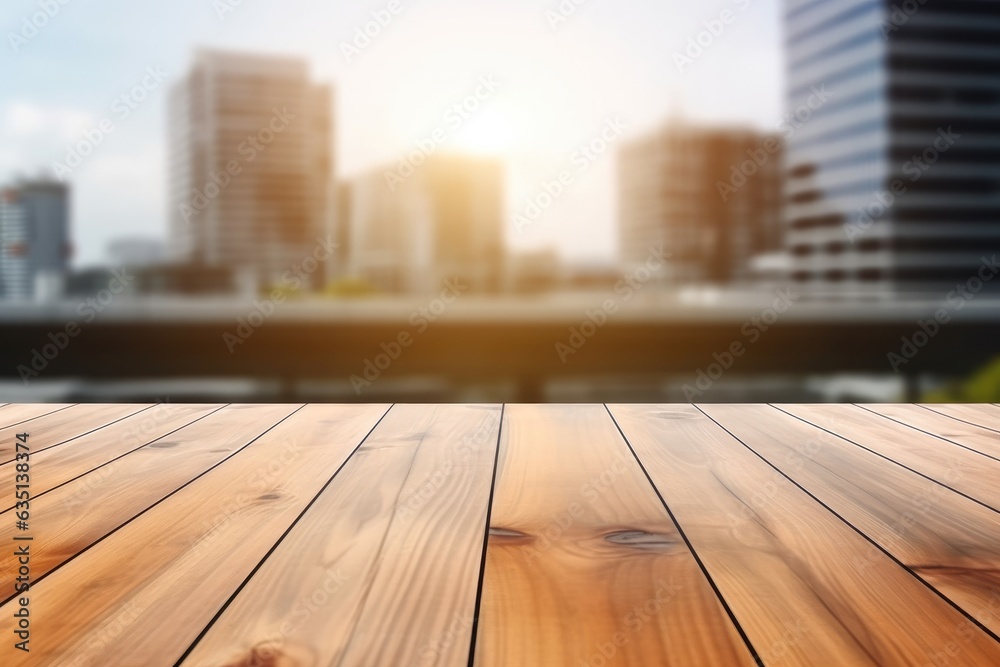 Empty wood table top on blurred of office building background. Empty wood table top on blurred of office building background.