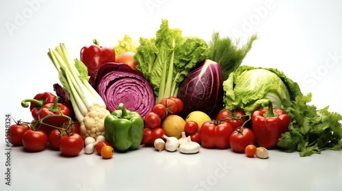 Fresh vegetable ingredients for salad on white background, Vegetarian nutrition concept, Health conscious layout.