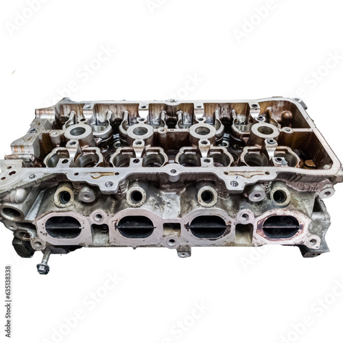 cylinder head, of an internal combustion engine, petrol engine cylinder head being repaired on white isolated background