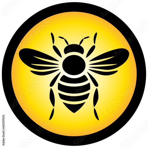 Vector illustration of a bee in a black circle and yellow background, bee icon