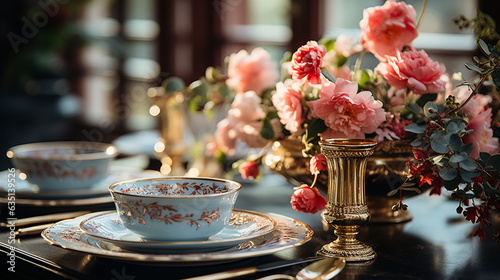 plates and vases with flowers and candles on a table