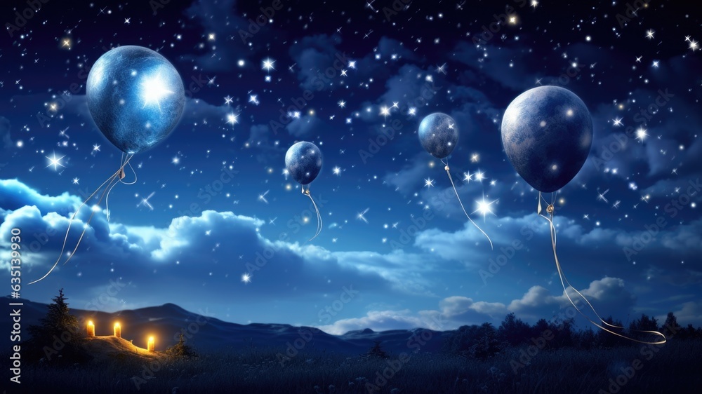 Stars and colorful balloons in the night sky depicting birthday dreamscape, layout for birthday wishes and celebration background with copy space for text
