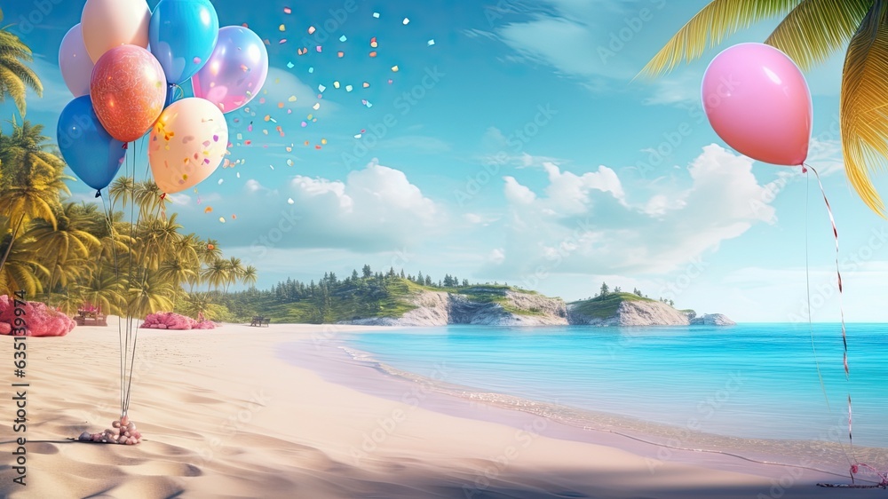 Topical paradise birthday theme, colorful balloons are flying over the beach, layout for birthday wishes and celebration background with copy space for text - obrazy, fototapety, plakaty 