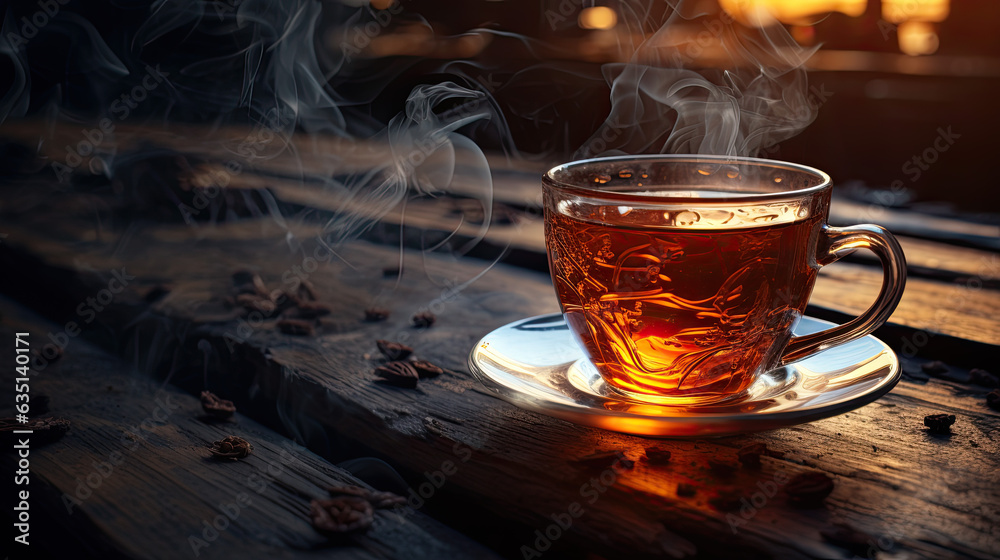 a cup of tea on a dark rustic wooden background.