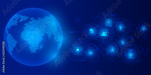 Technology health care, insurtech, cyber insurance icon with digital globe vector.