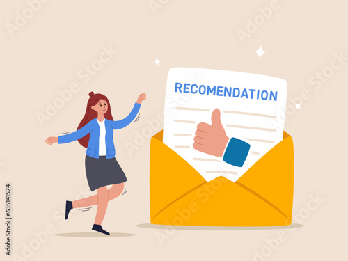 Recommendation letter concept. Education reward. Appreciation document for apply new job, experience or qualification guarantee, happy businesswoman with recommendation letter in email envelope.
