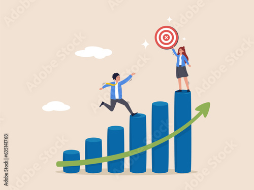 Growth or step to reach goal. Career development, ladder to stairway to achieve target, employee engagement, challenge or inspiration concept, employee running on growth graph to reach manager target.