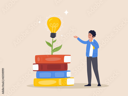 Knowledge. Education or learning new skill to success. Study or library. Wisdom to create new idea, creativity or innovation from reading books, smart young man with book stack with light bulb plant.