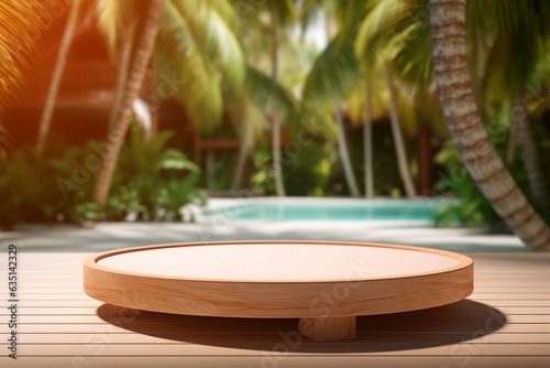 Vacant Circular Wooden Podium at a Serene Tropical Spa Resort, Generative Ai © Flowstudio