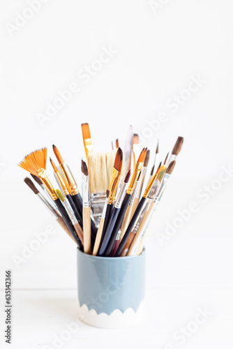 Set of painting brushes . Craft artistic background. Recomforting, destressing creative hobby, art therapy