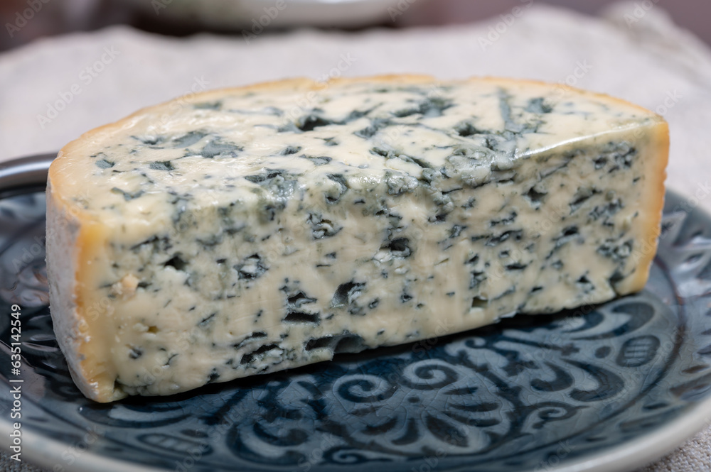 Cheese collection, piece of French blue cheese auvergne or fourme d'ambert close up Cheese collection, piece of French blue cheese auvergne or fourme d'ambert close up