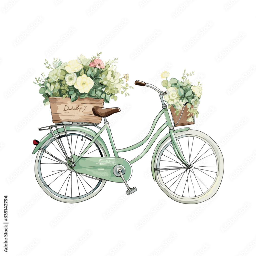 Vector watercolor Bicycle with a basket full of flowers. Trendy romantic vintage sticker isolated on white background