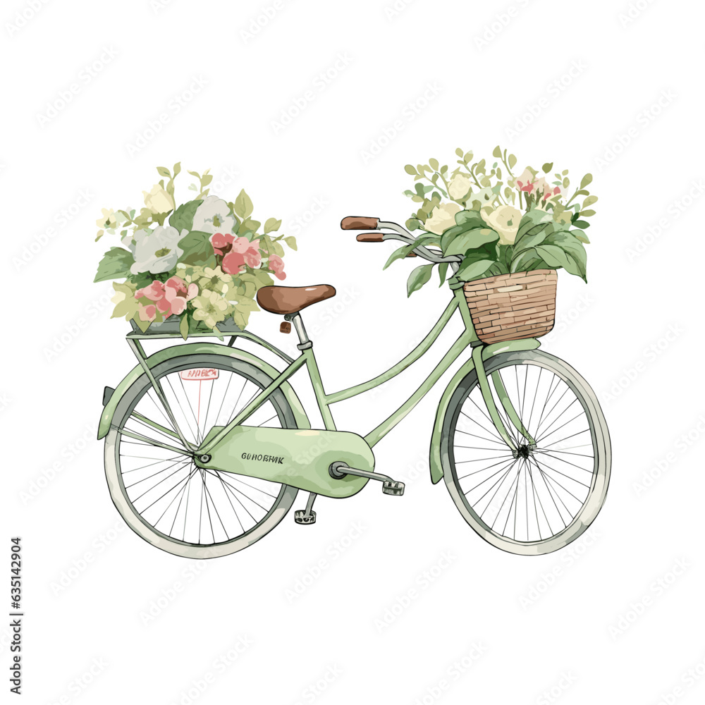 Vector watercolor Bicycle with a basket full of flowers. Trendy romantic vintage sticker isolated on white background