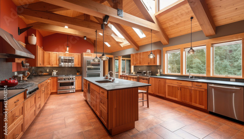 Kitchen interior in a wooden house with high ceilings and beams.