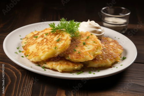 Potato pancakes draniki with herbs and sour cream