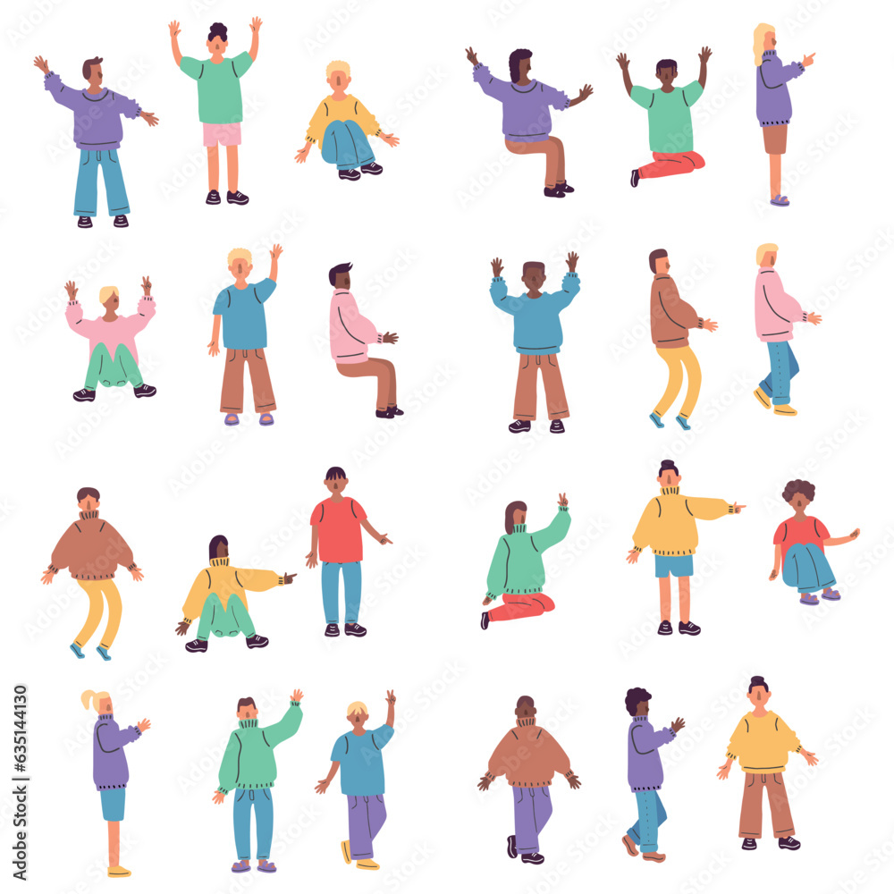 Vector illustration. A large set of multi-colored people in different poses. Minimalism without a face.