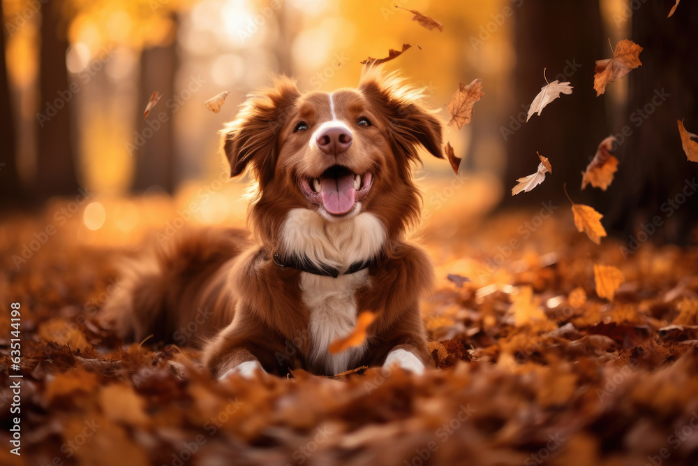 The border Collie dog is sitting in the autumn forest. Yellow leaves are flying from the tree The border Collie dog is sitting in the autumn forest. Yellow leaves are flying from the tree