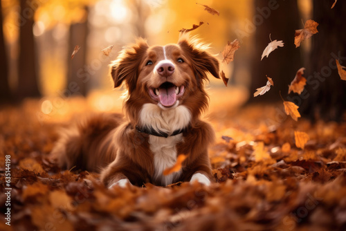 The border Collie dog is sitting in the autumn forest. Yellow leaves are flying from the tree