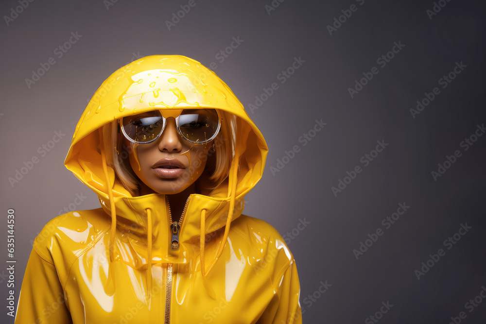 Fashion art portrait of woman model in yellow leather raincoat on dark background. Stylish glamour female under rain wearing big sunglasses Fashion art portrait of woman model in yellow leather raincoat on dark background. Stylish glamour female under rain wearing big sunglasses