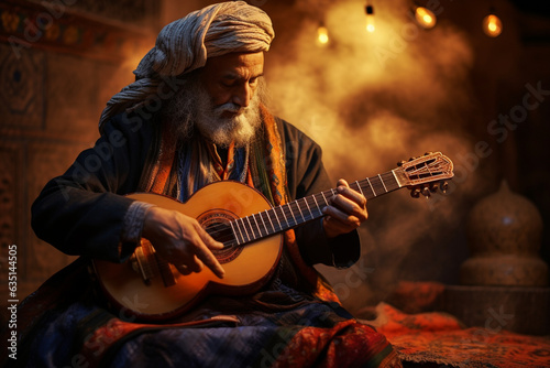 An engaging shot of a musician playing traditional instruments from the Middle East, evoking the sounds and melodies of that region  photo