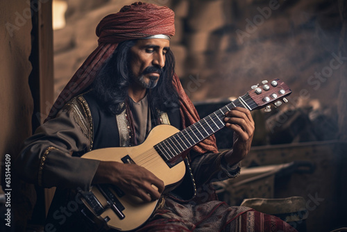 An engaging shot of a musician playing traditional instruments from the Middle East, evoking the sounds and melodies of that region  photo