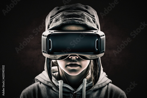 Teenager girl in virtual reality glasses front view, generated ai