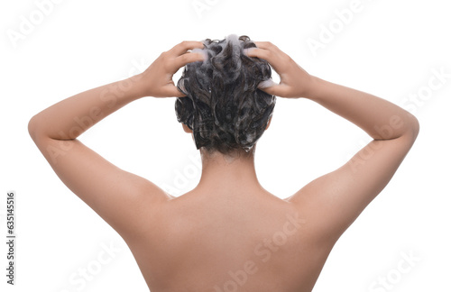 Woman washing hair on white background, back view