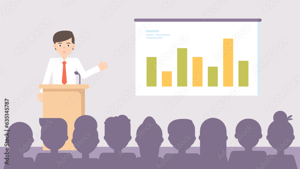 Corporate presentation. Male character speaking with a report vector. Business flat concept. Corporate presentation. Male character speaking with a report vector. Business flat concept.