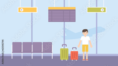 Airport waiting room or lounge. Terminal, exit to gate. Passenger waiting for a plane. Modern flat vector.