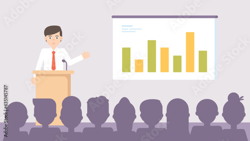 Corporate presentation. Male character speaking with a report vector. Business flat concept. 