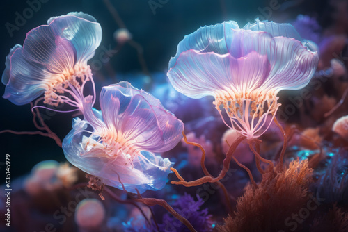Underwater vibrant jellyfish and marine life in a neon fantasy. Sea world concept © Cherstva