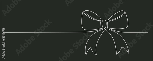 Tied ribbon bow hand drawing one line. Vector stock illustration isolated on black background for design template Christmas, Birthday greeting card, invitation or presentation. Editable stroke.