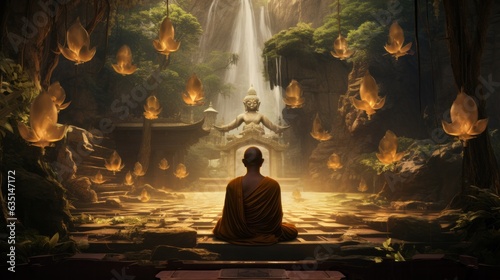 A monk meditating in the lotus position in front of golden Buddhas. AI generative. © vadymstock