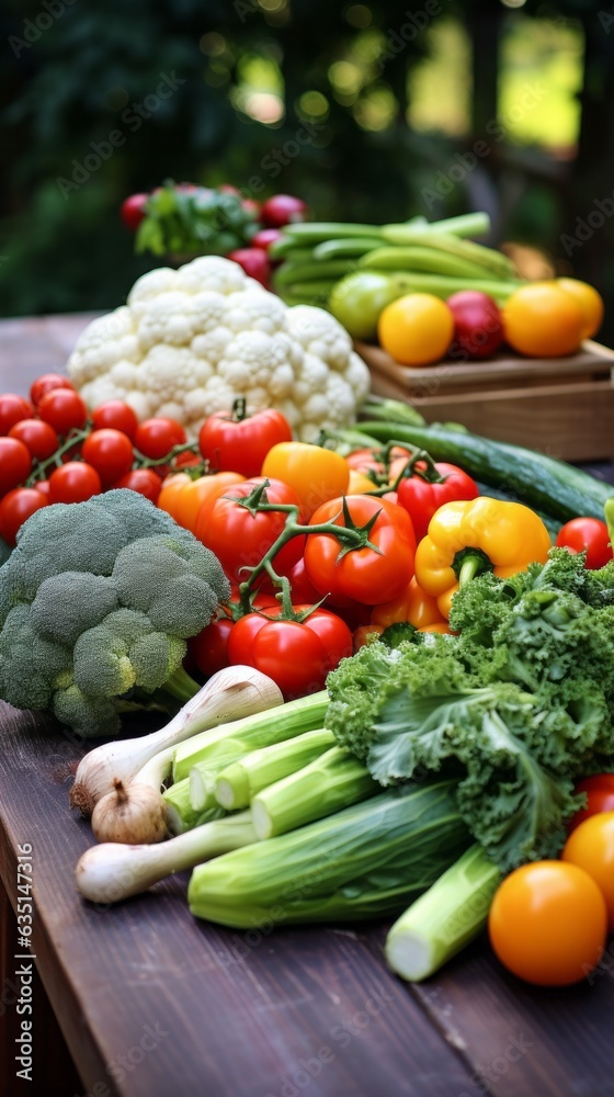 Large selection of healthy fresh organic fruits and vegetables shot on dark wooden table.