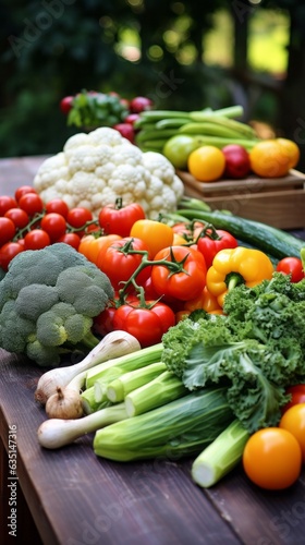 Large selection of healthy fresh organic fruits and vegetables shot on dark wooden table.