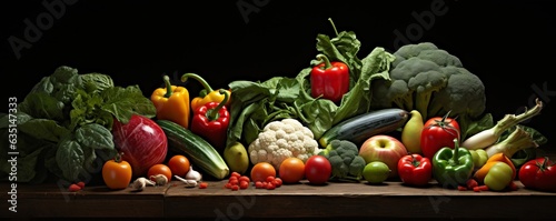 Large selection of healthy fresh organic fruits and vegetables shot on dark wooden table.