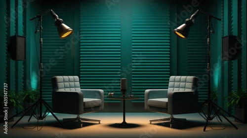 The modern podcast and streaming studio with led panels background for working and recording.