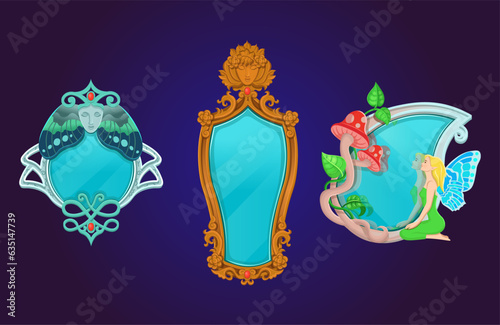 Set of magic mirrors. Creative frame, magic mirror with girl's face and butterfly wings. Beautiful vintage antique magic mirror.A mirror in a drop of water, a fly agaric and a butterfly fairy.