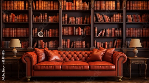 Bookshelves in the library. Large bookcase with lots of books. Sofa in the room for reading books. Library or shop with bookcases. Cozy book background. Bookish, bookstore, bookshop. © vadymstock