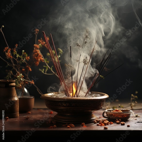
Incense sticks on a stand burn with smoke, an expensive aroma in the house, decoration and aromatization of the room with cinnamon and cloves. copyspace. Concept: meditation and relaxation