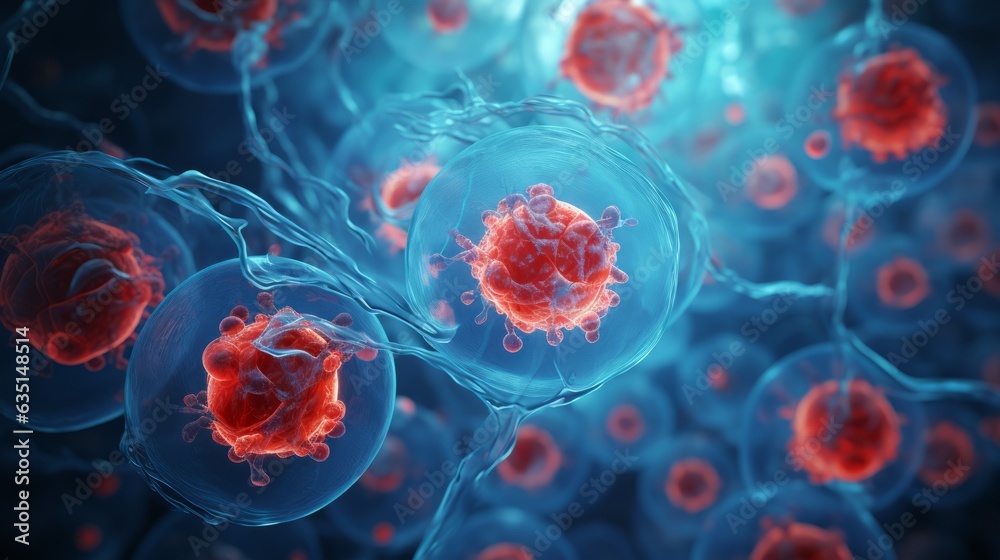 Cellular therapy and regeneration microscope view. AI generative. Cellular therapy and regeneration microscope view. AI generative.