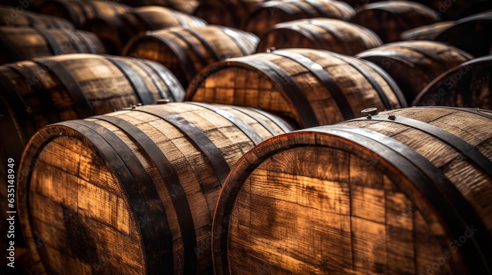 Close up of a stack of whiskey Barrels. AI generative. Close up of a stack of whiskey Barrels. AI generative.
