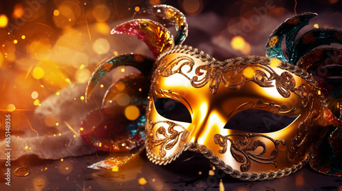 Carnival, Venetian Mask on a dark table, Masquerade Disguise Party, Shiny Gold Background Banner