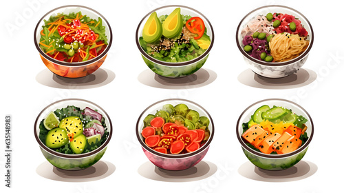 Set of different types of Poke bowl illustrations on white background. Poke bows assortment. Salmon, tuna, avocado, vegetables, sprimps and other ingredients mixed in poke or sushi bowls. Raw food