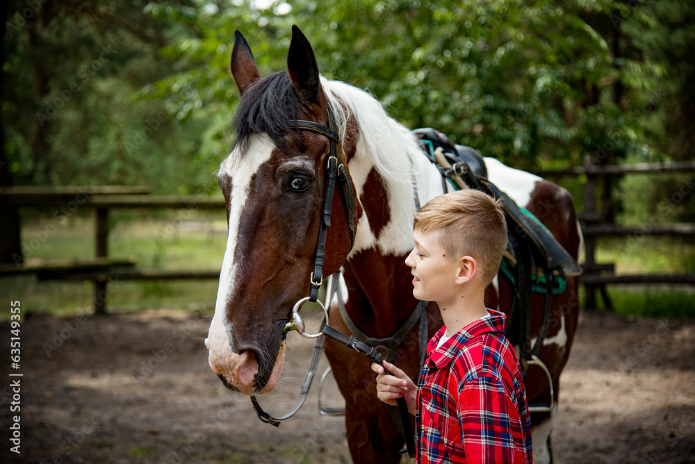 Obraz premium little handsome blonde smiling boy in red checkered shirt hugging horse in green forest on sunny day 