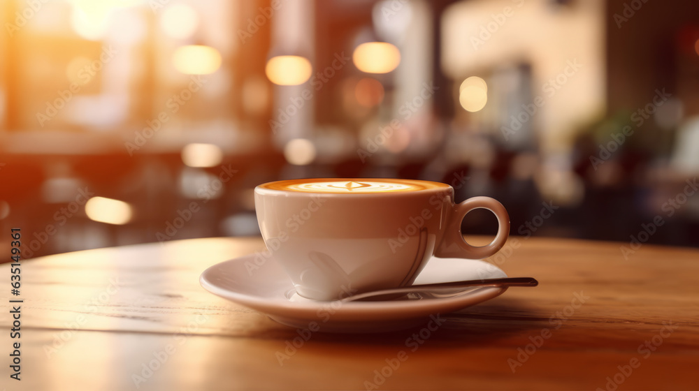Coffee Cup on table Cafe shop Interior Blur background