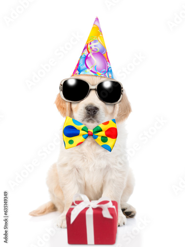 Golden retriever puppy wearing sunglasses, tie bow and party cap sits with gift box. isolated on white background © Ermolaev Alexandr