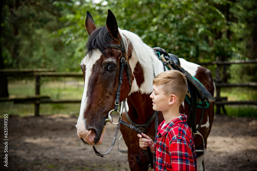 little handsome blonde smiling boy in red checkered shirt hugging horse in green forest on sunny day 