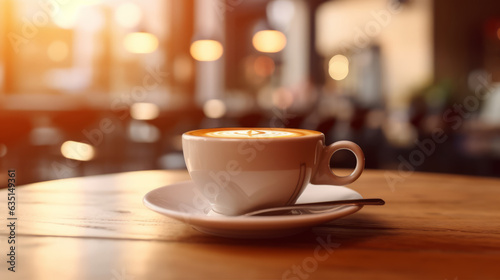 Coffee Cup on table Cafe shop Interior Blur background