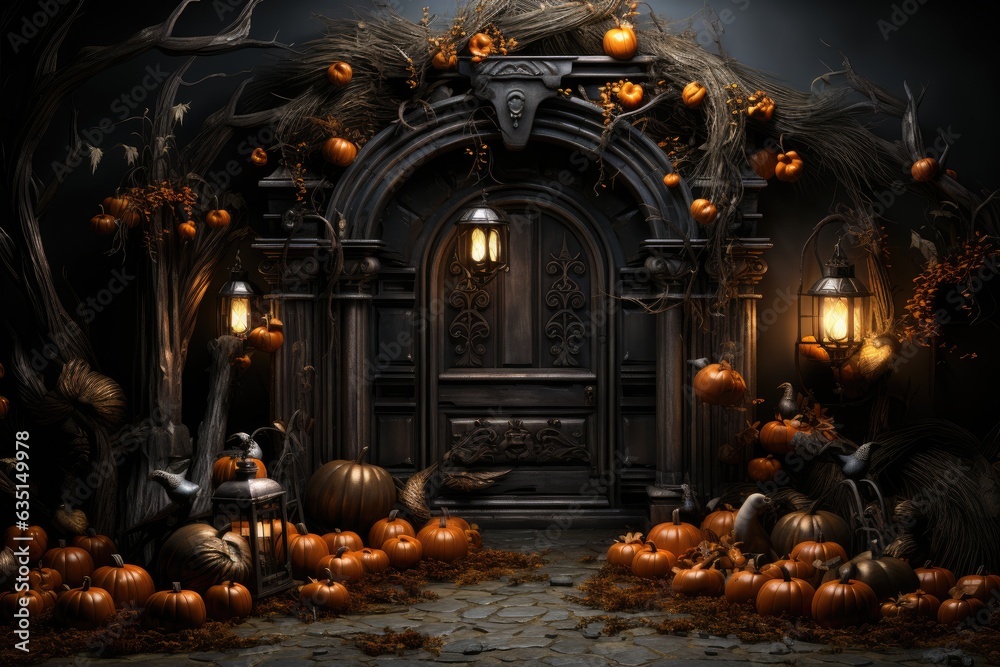Halloween background gothic wooden door with pumpkin decoration